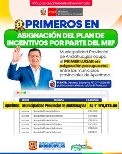 MUNICIPALIDAD PROVINCIAL DE ANDAHUAYLAS RECIBIÓ MÁS DE S/ 1 MILLÓN POR CUMPLIMIENTO DE METAS DE GESTIÓN